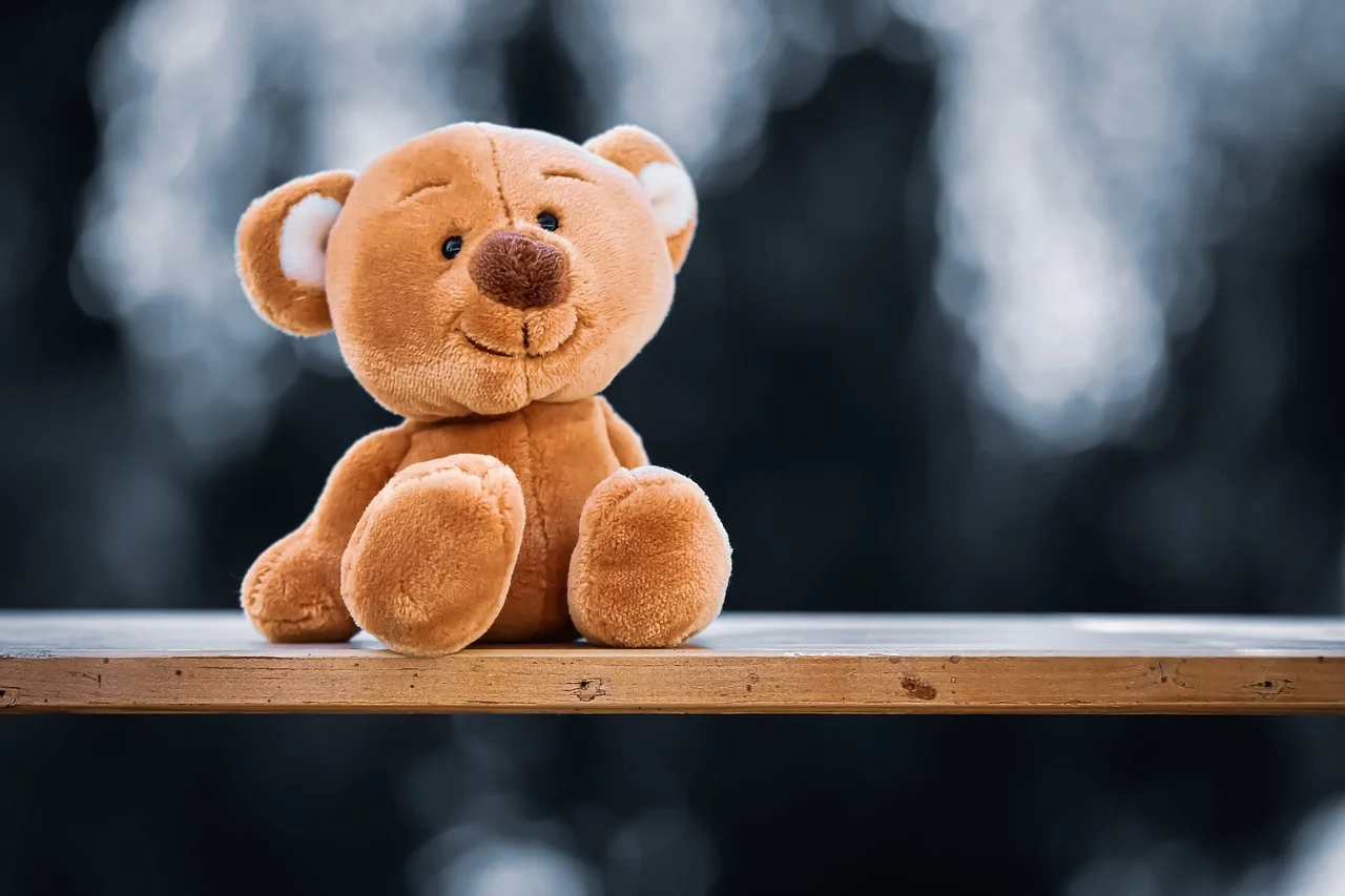 ein Teddybär sitzt auf einem Brett