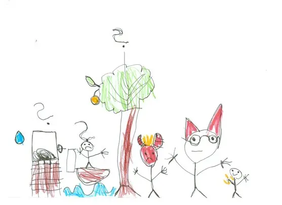 Eine Kinderzeichnung, die das Märchen vom Teufel mit den 3 goldenen Haaren zeigt.